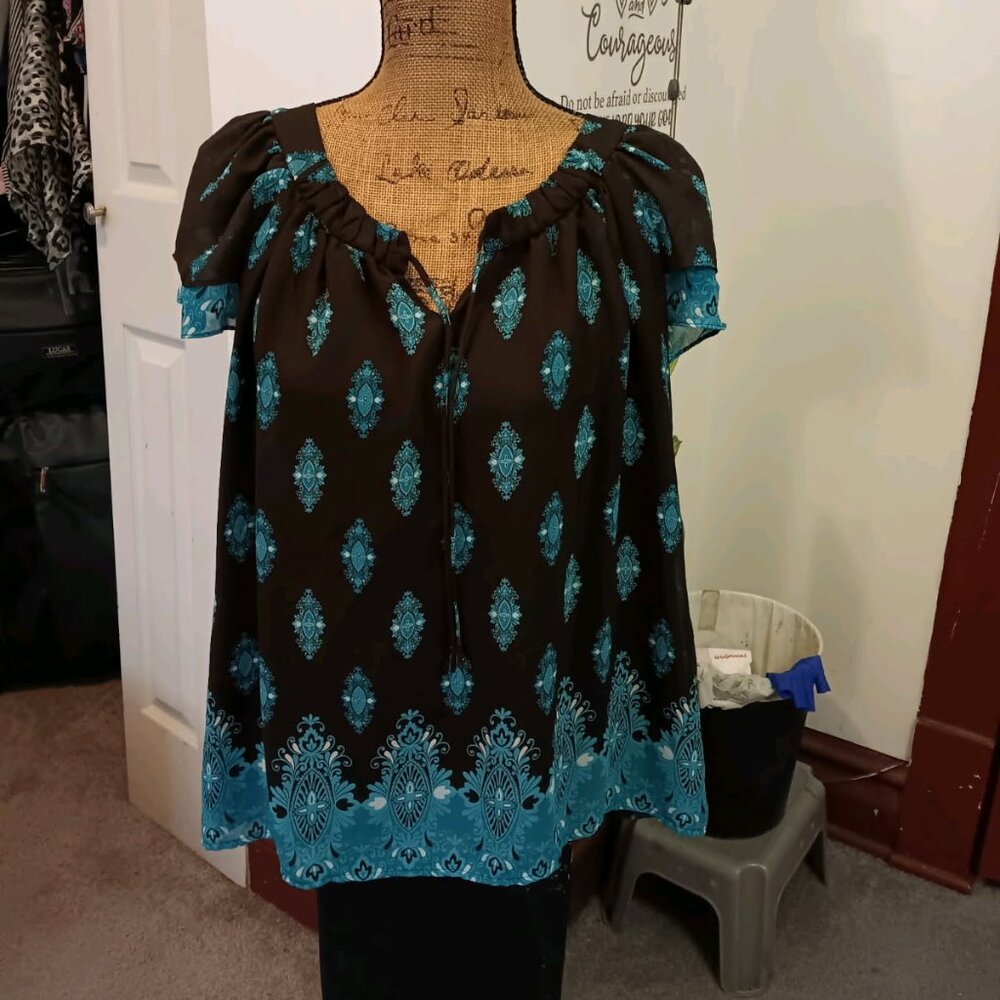 Vintage Brown and teal print short-sleeve boho chiffon blouse.